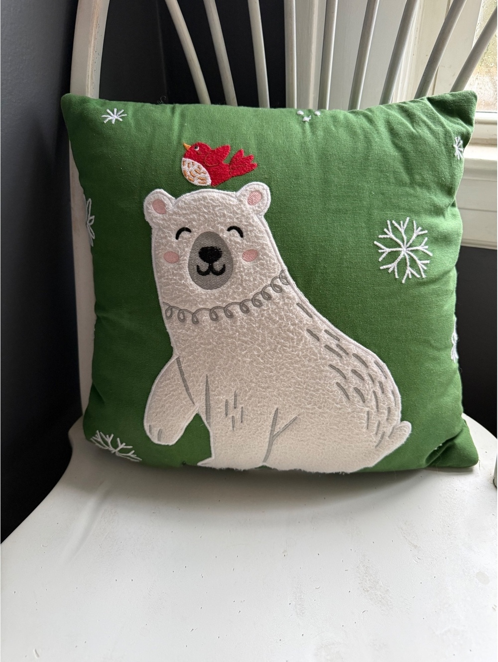 Green Decorative Pillow with Embroidered Polar Bear and Bird Design